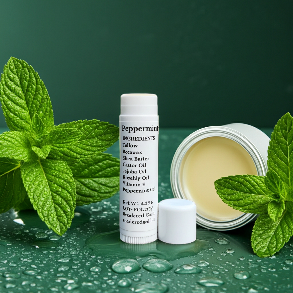 Peppermint-flavored Lip Balm with ingredients list, surrounded by mint leaves on a green background